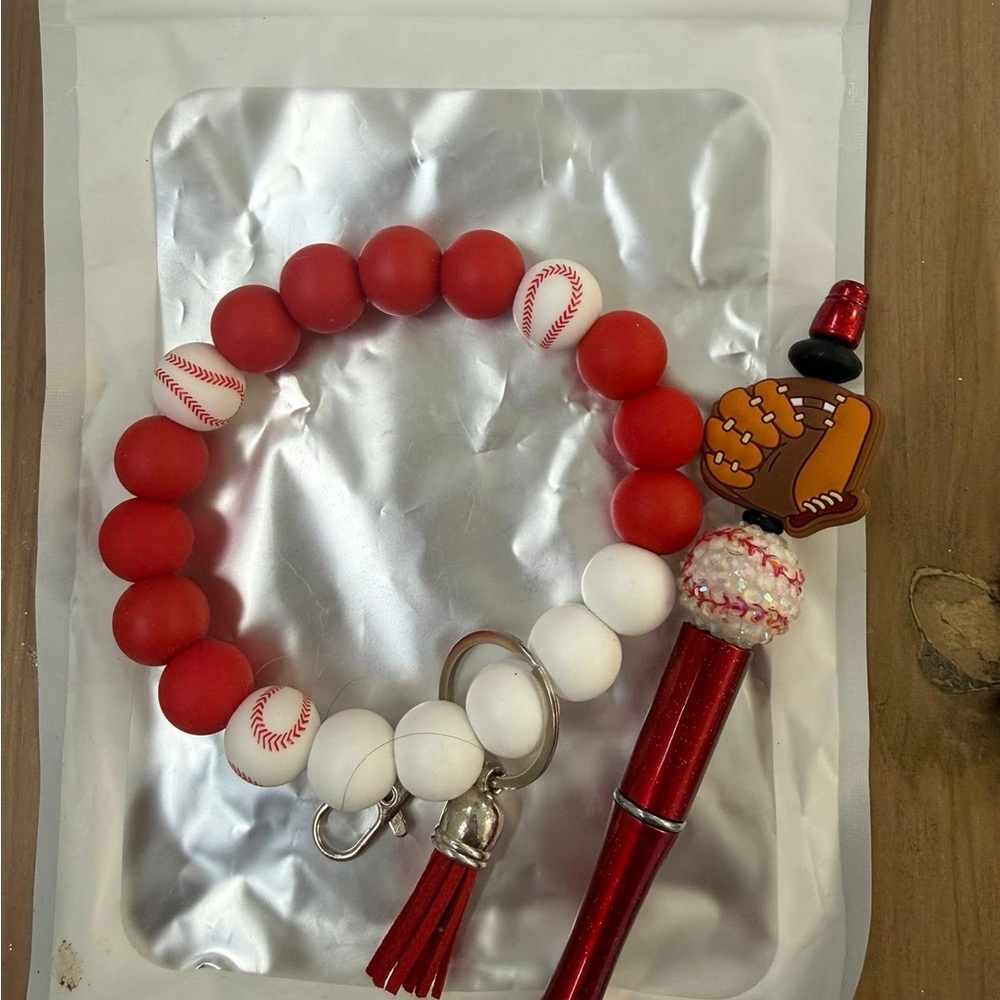 Baseball Beaded Keychain Bracelet